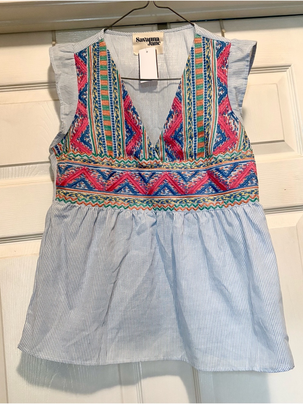 Savanna Jane Blue Striped Sleeveless Tunic with Multicolor Embroidery -Size S